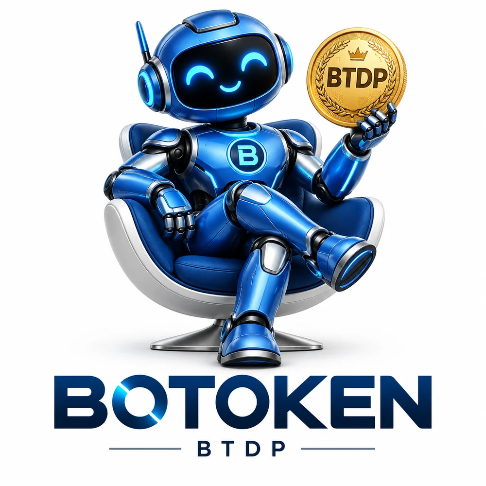 Blue Botoken robot holding a gold BTDP coin